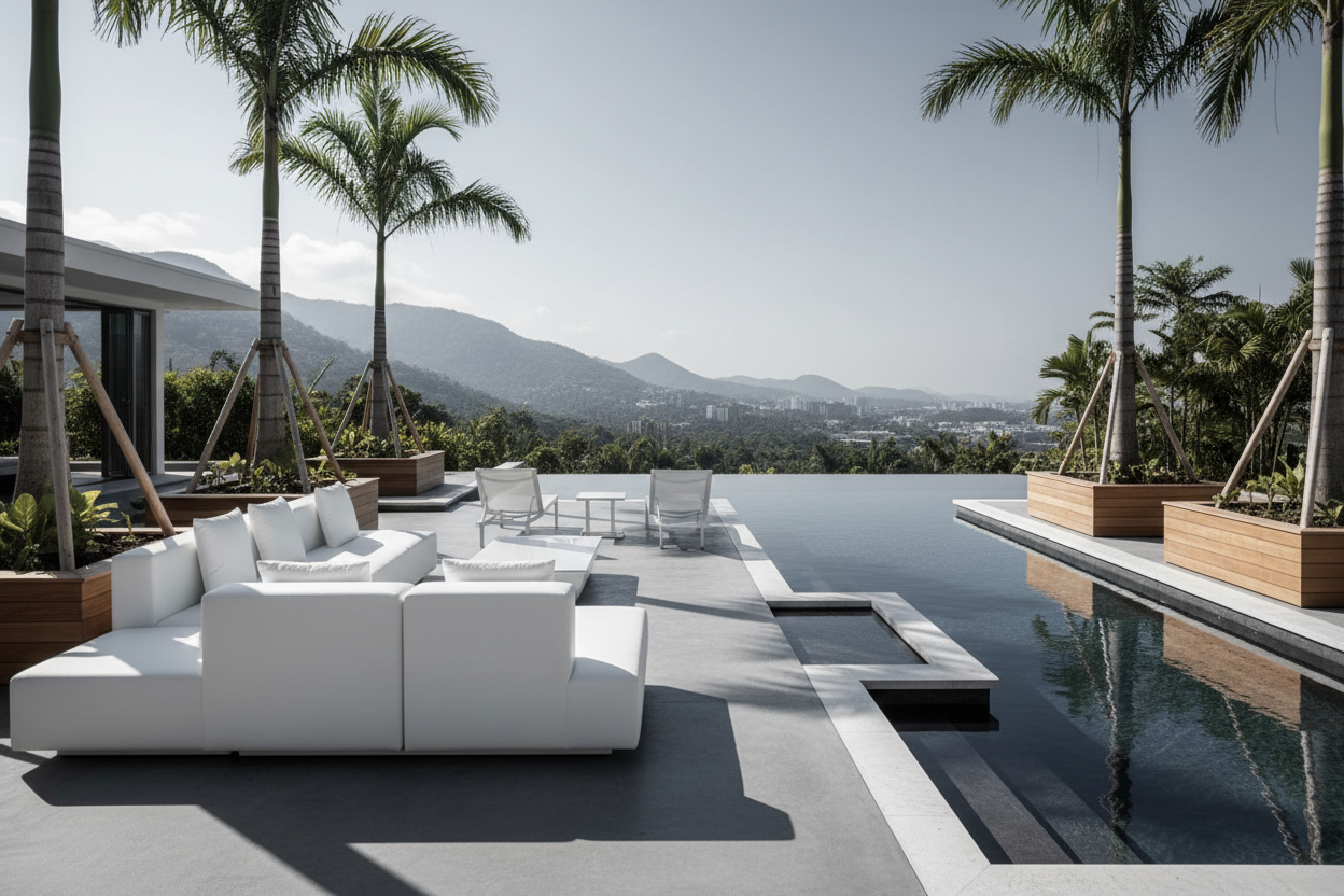 Contemporary white furniture in tropical setting