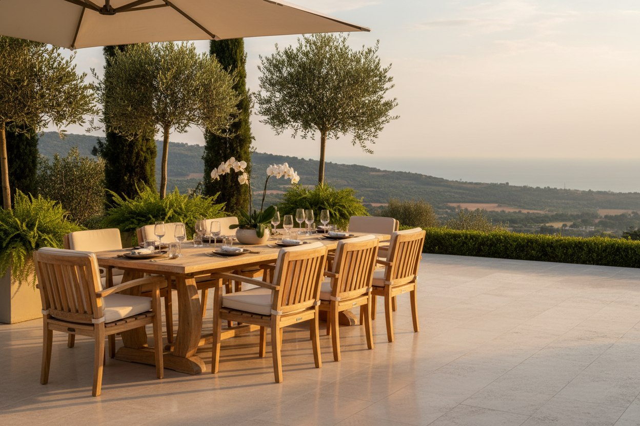 Elegant outdoor luxury teak dining set banner