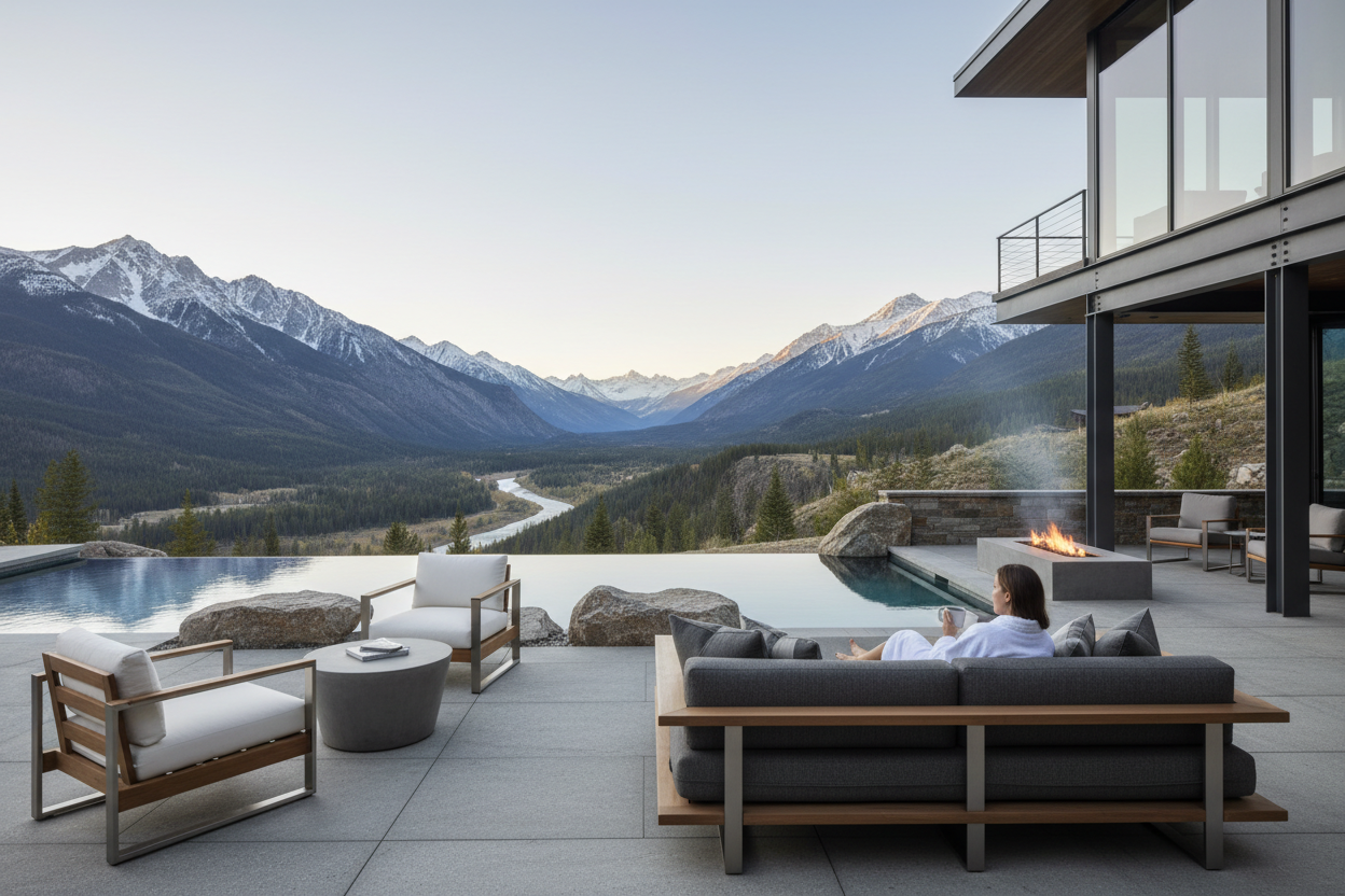 Modern daybed by infinity pool in mountain ranch