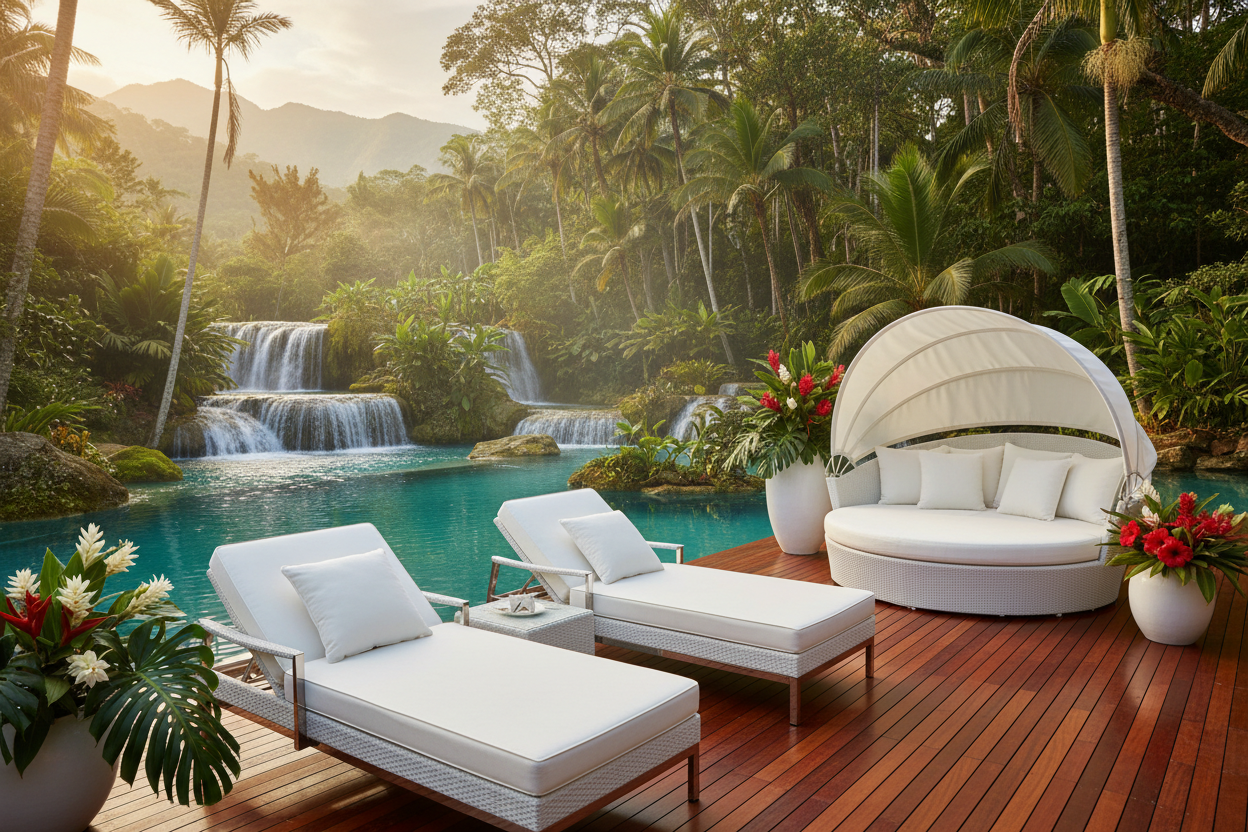 White luxury furniture in Hawaiian setting with waterfalls